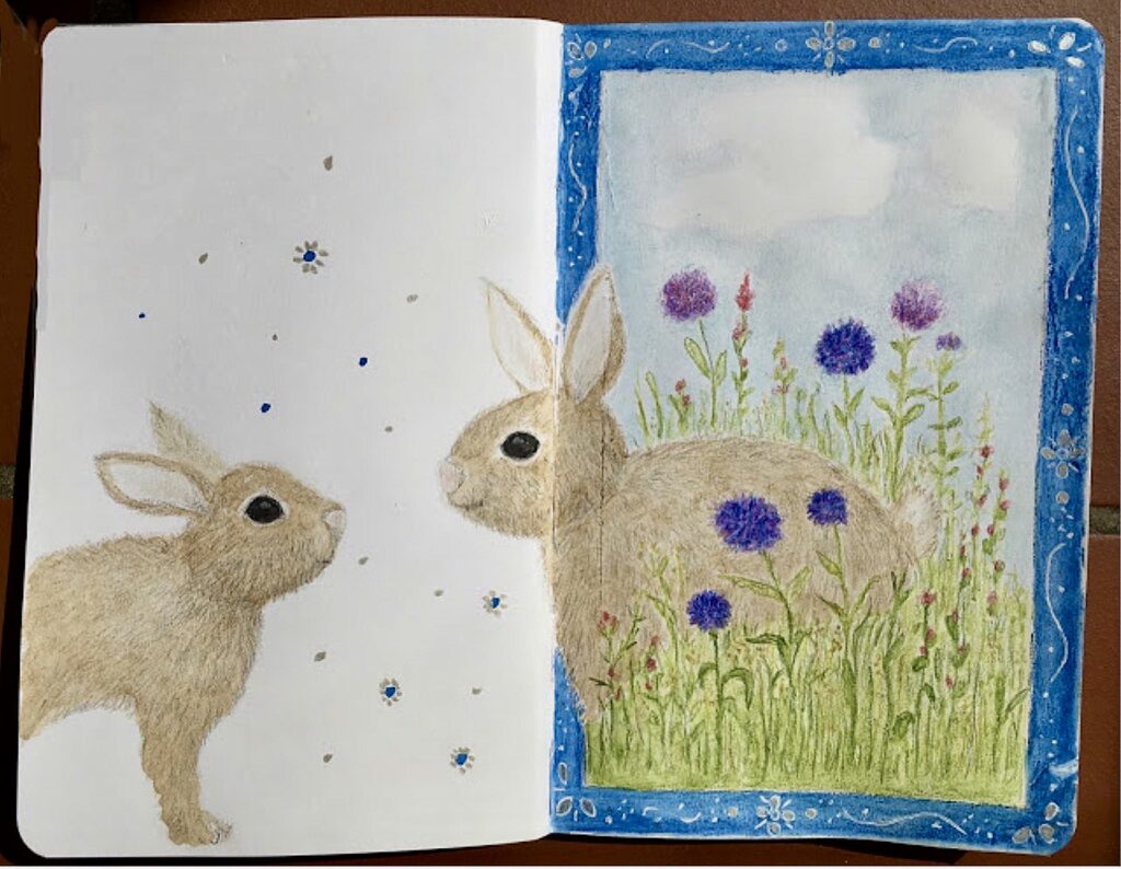 Farbstift-Illustration von zwei Kaninchen, die sich kennenlernen. Eine niedliche Illustration möglicherweise für ein Bilderbuch für Kinder.