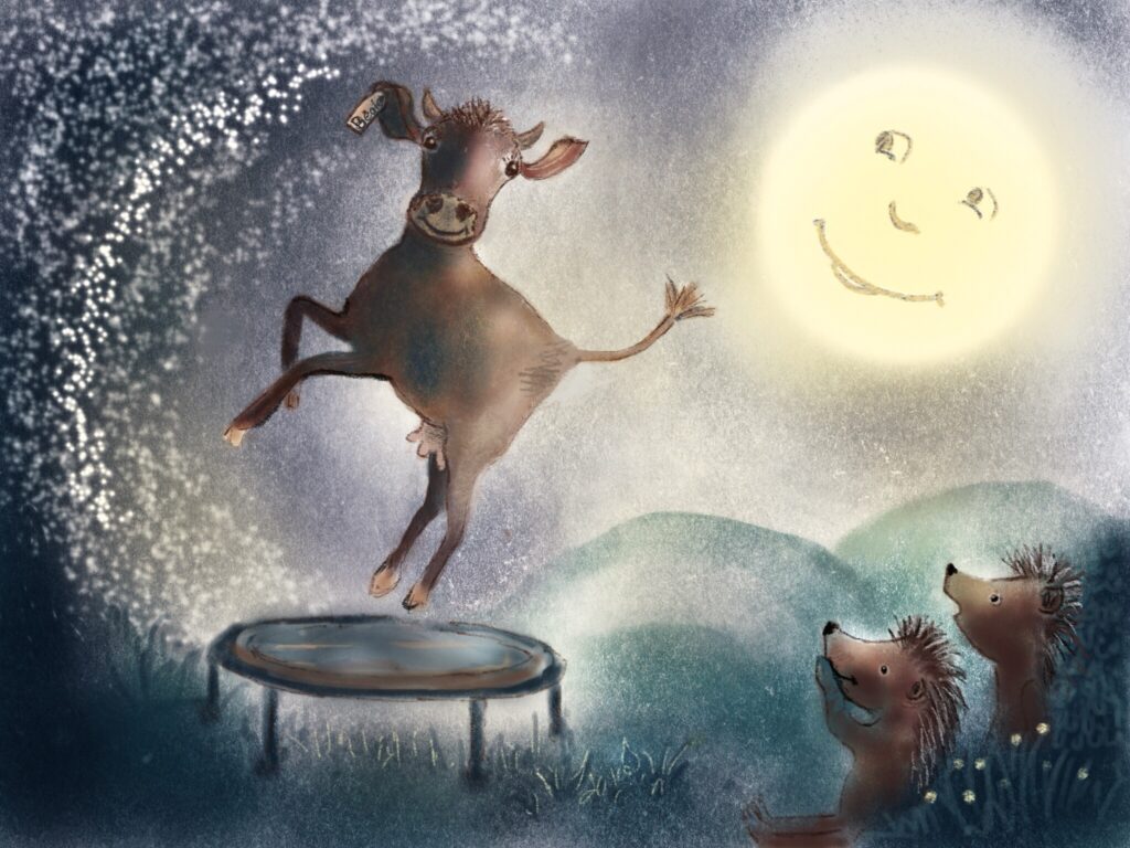 Digitale Illustration von der kleinen Kuh Beate, die auf einem Trampolin hüpft. Eine stimmungsvolle nächtlich Szene zu einer Kindergeschichte. Illustration von Micha Klann