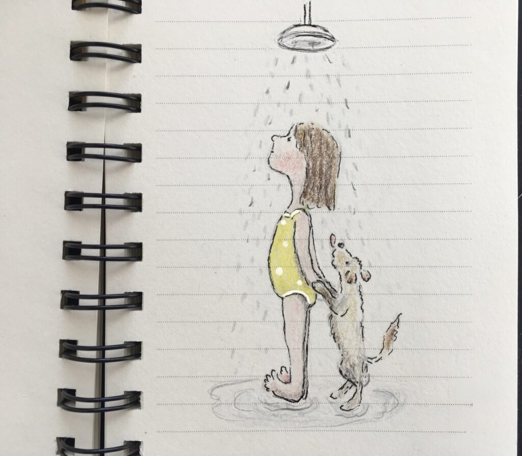 Wasserfarben-Skizze eines kleinen Mädchens und eines Hundes, die gemeinsam unter der Dusche stehen. Das Mädchen trägt einen gelben Badeanzug, der Hund steht auf den Hinterbeinen Und schleckt Wassertropfen, die auf ihn fallen.