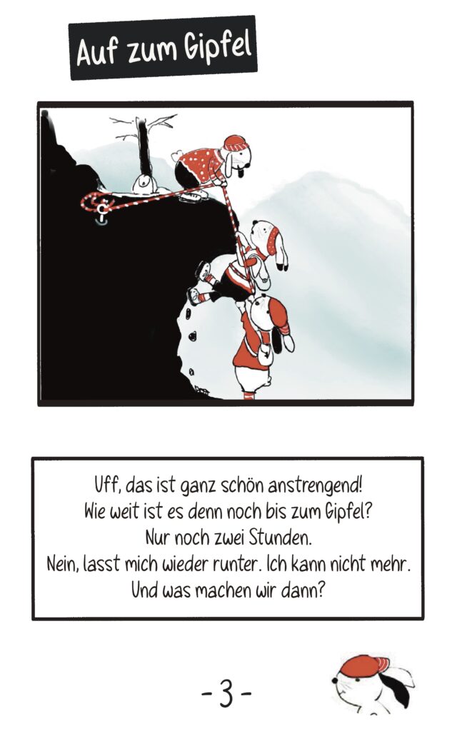 Eigene Illustration im Comic Stil: Drei Bunnys versuchen einen Berggipfel zu erreichen.